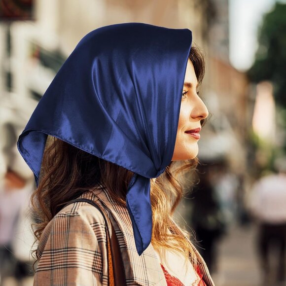 Women Navy Blue Chiffon Square Ribbon Neck Scarf Satin Handkerchief Halloween - Picture 3 of 7